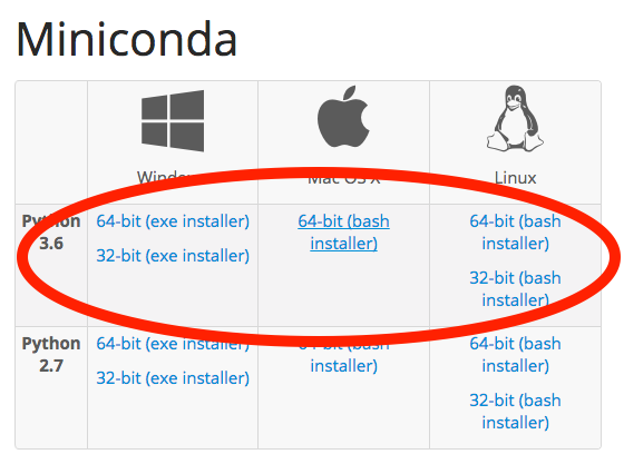 Make sure you download Miniconda for **Python 3.6** 